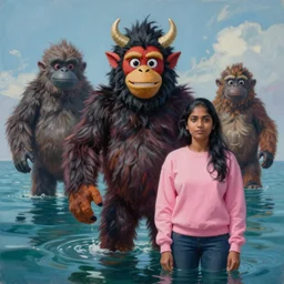 painting of a ( a black haired sri lankan devil sasquatch muppet costume ), in front of the sasquatch is a ( south asian woman in a pink sweatshirt ) stands in the foreground, standing waist deep, in an infinite ocean, cinematic painting by james jean, limited color palette, 4 k, surreal art, soft lighting, digital art