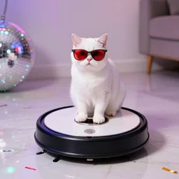 white cat wearing red tinted sunglasses, cat sitting on top of roomba, reflective marble floor, disco party lights, party popper