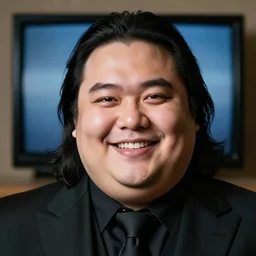 Close up portrait of a clean-shaven chubby man with long black hair wearing a black suit and necktie with a television in the background. Photorealistic. Award winning. Dramatic lighting. Intricate details. UHD 8K. He looks very happy.