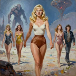 a mixed media painting of one very beautiful blonde woman fleeing from a distant colossus creature on an alien world, elegant, aesthetic!!! symmetrical face and eyes, sixties pinup, photorealistic, curvy by frank frazetta, donato giancola, boris vallejo, greg rutkowski, christian macnevin, high waisted one - piece swimsuit, epic sci - fi character art