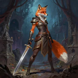 A lithe fox-person fighter protagonist with an enchanted dagger is exploring the grimdarkest dungeon depths. trending on Pixiv. trending on ArtStation. A vibrant digital oil painting. A highly detailed fantasy character illustration by Wayne Reynolds and Charles Monet and Gustave Dore and Carl Critchlow and Bram Sels