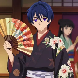 teenager boy with straight indigo hair, purple eyes with red eye markers, slim body, wearing a detailed Japanese kimono, holding a japanese fan. rich vivid colors, ambient lighting, dynamic lighting, 4k, official media, anime key visual, makoto shinkai, ilya kuvshinov, lois van baarle, rossdraws, detailed, trending on artstation