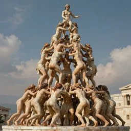 is greek mythological image, hundreds of undressed women climbing on each other on heaven, incredible catalan human tower highly detailed, digital painting, matte, like a incredible giant sculpture at the classic greece, no clothes, greek mythological historic works, hyper - detailed, world renowned artists, historic artworks society, antique renewal, intricate, sharp focus, art by leonardo da vinci cinematic, octane render - h 1 2 8 0