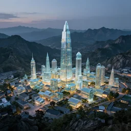 a small town completely made out of glass, surrounded by a surreal mountain landscape, shining faintly in the dim light of dusk, highly detailed and beautiful illustration