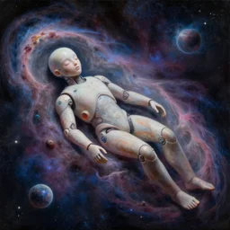 a beautiful space humanoid sleeping in a nebula painting by artgerm and alex grey and wes anderson and spike jonze, trending on artstation