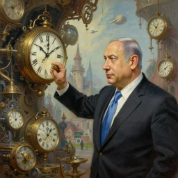 insanely detailed painting of benjamin netanyahu as an explorer, exploring a strange kingdom of clocks, clockwork, victorian architecture, depth of field, natural lighting, benjamin netanyahu, by moebius and gediminas pranckevicius