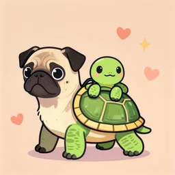 a cute little turtle riding on the back of a pug, digital art, colourful