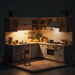 lights off, extreme dof, miniature, dark tones color palette, kitchen