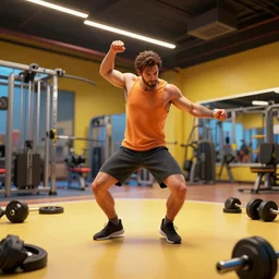 unreal engine hyperreallistic render 8k of a large man dancing poorly at a gym bright vibrant lights gym equipment weights scattered around the floor