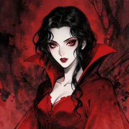 vampire girl with wavy black hair wearing red, ominous dark background, ink, ilya kuvshinov, guweiz, svetlana tigai, greg rutkowski, studio trigger, ross tran, loish, anime