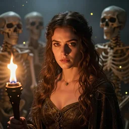 priestess sorceress mila kunis action close - up portrait as skeletons approach, fog, fireflies, torch light, donato giancola, tim hildebrandt, wayne barlow, bruce pennington, larry elmore