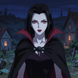 a portrait of a very beautiful vampire woman with black hair and pale skin, red eyes, wearing a black cloak, nightime, village background, anime key visual, vibrant colors, dramatic lighting, 4k resolution, illustration, concept art, lois van baarle, ilya kuvshinov, rossdraws, artstation