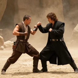 dramatic still image of obiwan dueling anakin