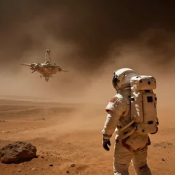 astronaut overlooking a martian vista. a space colony is visible in the distance. dark, concept art, cinematic, dramatic, atmospheric, 8 k, trending on artstation, orange, haze, low visibility, fog, sandstorm, christopher nolan, interstellar