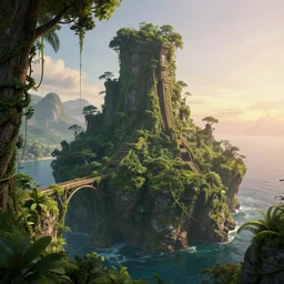 beautiful render of an island world, overgrown temple, unreal engine, first light, jungle, rivers, bridges, rainforest, vines, trees, rocky outcroppings, ocean, serene sunsets, soft light, by greg rutkowski, cgsociety