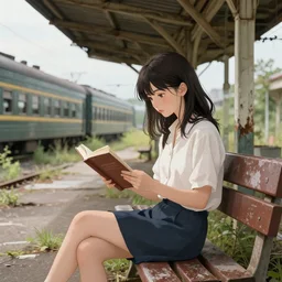 a beautiful girl sitting on a bench reading at an abandoned overgrown train station, old train station, establishing shot, digital anime painting. wlop, rossdraws, detailed anime illustration, detailed stylized portrait, details, detailed artwork, 8 8 mm, f 7