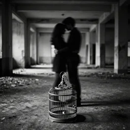 a dark photo of a shadow of two people hugging each other in an abandoned hall, there is an open birdcage on the forefront, black and white, long exposure, motion blur