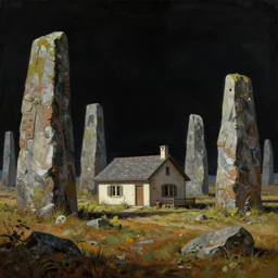 a scene of a small house in an open field surrounded by ancient monoliths. highly detailed science fiction painting by norman rockwell, frank frazetta, and syd mead. rich colors, high contrast, gloomy atmosphere, dark background. trending on artstation
