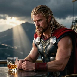 Chris Hemsworth as Thor staring sadly at a glass of whiskey, Nikon 50mm, documentary lighting