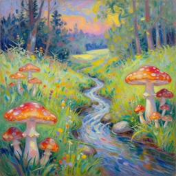 an impressionist painting of a gorgeous meadow with a stream flowing through it surrounded by large mushrooms, psychedelic colors, trending on artstation,