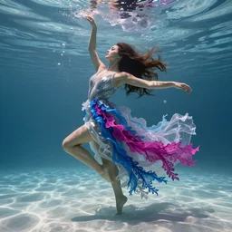 a beautiful woman with long hair dancing underwater wearing a very long flowing dress made of many translucent layers of silver and blue and magenta lace seaweed, caustics lighting from above shines on the sandy bottom, bubbles flicker in a background with translucent flowing shapes, octane render, cinematic, hyperdetailed