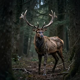 an elk made of vines and branches stands in the middle of a dark forest