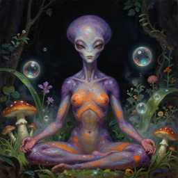 a neoclassicist close - up portrait of a purple and orange alien girl meditating with plants, flowers, mushrooms in a garden at night with glowing bubbles. iridescent textures. glowing fog. highly detailed fantasy science fiction painting by moebius, norman rockwell, frank frazetta, and syd mead. rich colors, high contrast, gloomy atmosphere, dark background. artstation