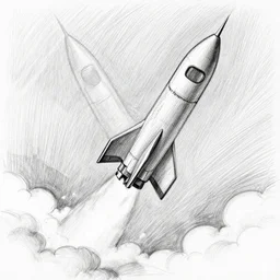 pencil sketch of a rocket ship blasting through the sky