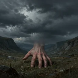 a dark cloudy !!hand!! in a valley reaching out of the sky trying to touch the ground, matte painting, fantasy art
