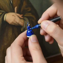 close up of the artist hands painting a miniature, lapis - lazuli. painting by jan van eyck