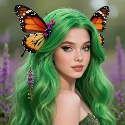 A professionaly painted portrait of an archfey with a monarch butterfly theme and green hair that looks like heather, 4k, looks like Steven Universe, trending on artstation, tasteful, bokeh, hyperrealistic, highly detailed, good proportions