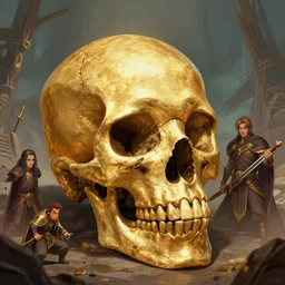 Battle for the golden skull, Artwork by Kim Jung Gi, Greg Rutkowski, Zabrocki, Karlkka, Jayison Devadas, Phuoc Quan, trending on Artstation, 8K, ultra wide angle, pincushion lens effect