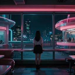 vertical movie frame portrait of standing girl in 6 0's retro diner interior, neon - decorated urban on night in the city seen through the window, modern interior design, architectural design, vintage, night blade runner, dark, postapocalyptic, clean lines, 4 k, octane, miyazaki film, lunarcore city at distance outside, big windows, octane, wide angle