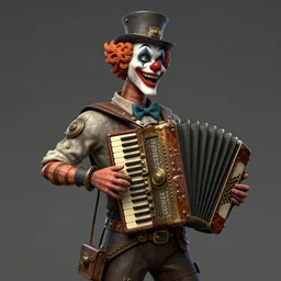 Unreal Engine render of a peculiar man with a long curvy accordion-neck, clown face, steampunk, 4K character design