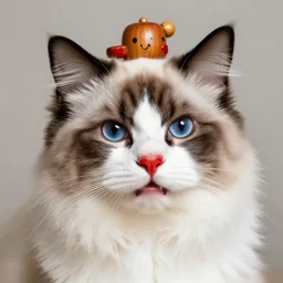 photographic portrait fluffy cat head, antique wooden toy, clown makeup, editorial