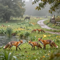 family of foxes nearIdyllic pond, meadow, forest trail, blanket of fog, rain, volumetric lighting, beautiful, golden hour, sharp focus, ultra detailed, cgsociety