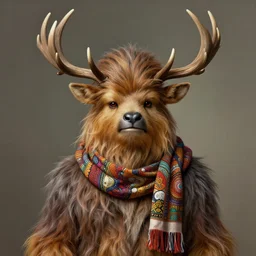 symmetry!! portrait of chewbacca as antlered deer wearing a colorful scarf!, intricate, elegant, highly detailed, digital painting, artstation, concept art, smooth, sharp focus, illustration, art by artgerm and greg rutkowski and alphonse mucha, 8 k