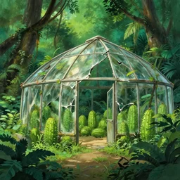 a broken greenhouse full of cacuts out in a lush jungle, studio ghibli, digital art, fantasy lighting
