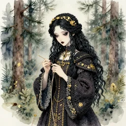 priestess of crochet and pine trees. watercolor and gold leaf by award - winning mangaka, gothic horror, romanticism, intricate details, depth of field