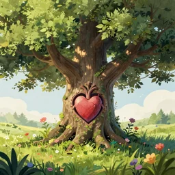 a beautiful digital illustration painting of a detailed fantasy tree with a heart carved in the trunk grass and flowers by blair leighton and lisa frank, 8 k resolution trending on artstation concept art digital illustration
