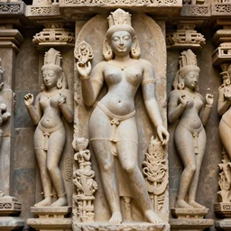a full frontal victoria secret model as a stone sculpture in the style of khajuraho sculptures
