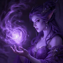 beautiful female wizard with lavender skin casting swirling magic spell, nge, dark fantasy, three quarter profile face closeup, intricate, highly detailed, digital painting, volumetric light, artstation, concept art, smooth, sharp focus, illustration, art by gil elvgren and greg rutkowski and luis royo, and alphonse mucha, 8 k