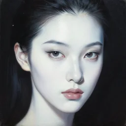 hyperrealism oil painting, stars background, close - up portrait, fashion model, pale white skin, black stars, complete darkness background, soft light, in style of classicism mixed with 8 0 s japanese sci - fi books art