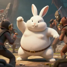 cinematic shot of obese anthropomorphic bunny righting in battle by greg rutowski, 4 k, masterpiece