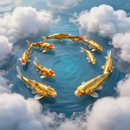 a koi made of gold swimming paradise made of puffy clouds