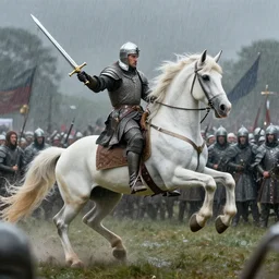 cinematic still of King Arthur going to battle on his magestic unicorn and wielding Excalibur as he charges the enemy, raining, 4k, masterpiece, by Greg Rutkowski, Trending on Artstation