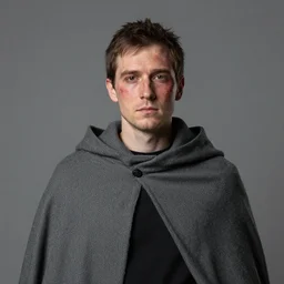 a man with a burnt face in a grey cloak poses for a portrait, a character portrait by david firth, cgsociety contest winner, photorealism, studio portrait, studio photography, uhd image