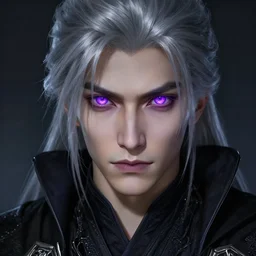portrait of a young man with purple eyes, dressed in a black cloak, silver hair, fiery purple eyes, detailed face, fantasy, highly detailed, cinematic lighting, digital art painting by greg rutkowski