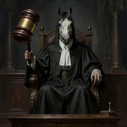 a horse that is a judge, dressed as a judge's robes, seated in court, holding a huge gavel, dark gothic horror painting, elegant intricate digital painting artstation concept art by mark brooks and brad kunkle detailed