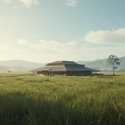 A serene landscape with a singular building in the style of ILM and Weta